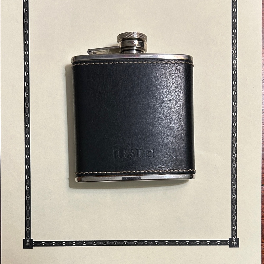 Fossil Black and Silver Stainless Steel & Leather Flask